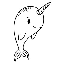 Cute narwhal black doodle outline.
