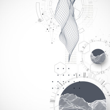 Abstract composition with wireframe wave and technology circles. Vector