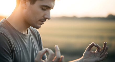 Man meditating in nature with closed eyes and hands in Gyan Mudra gesture