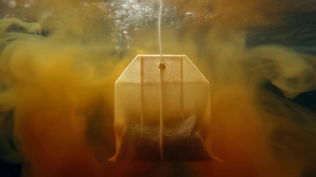 Cinematic tea bag dipping into water with blooming color
