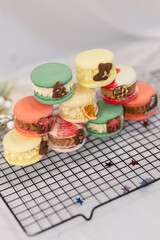 macaron dessert for christmas. homemade unique cookie. bow and sprinkles. various colors. present box. white