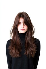 Young Woman with Long Brown Hair and Turtleneck Sweater on White Background