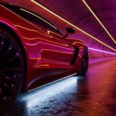 Red sports car in futuristic tunnel with neon lines