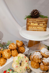 plate of different christmas desserts. macaron, profiteroles, cake. decorated cookie. bow and sprinkles. various colors. present box. wreath, tree, branch. white