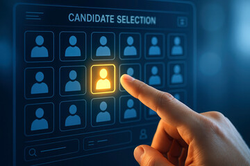 Finger selecting a highlighted candidate profile on a digital screen with candidate selection interface