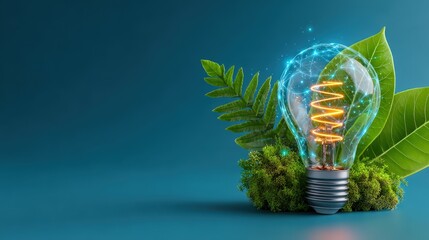 Eco-Friendly Light Bulb with Leaves and Glowing Energy Elements