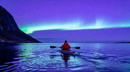 Fototapeta premium Kayaker Paddling on Calm Sea under Green Northern Lights Aurora