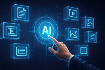 Finger touching the AI icon surrounded by various digital content icons on a futuristic interface artificial intelligence