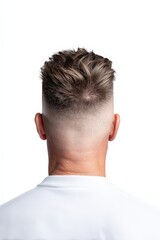 Haircut Back View with Fade Style on Male Model Against White Background