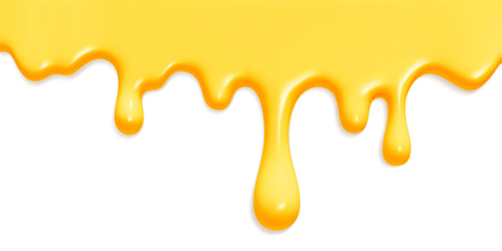 Golden honey drips with glossy liquid texture on white bg, syrup streams melting downward in realistic viscous flow. Sweet yellow ice cream drops in decorative border for culinary or food design