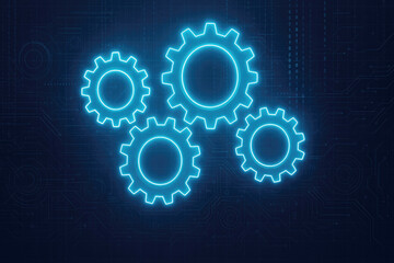 Four glowing blue neon gears meshing together on a dark digital background cogs machinery