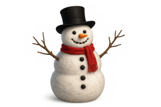 Snowman with red scarf and black top hat isolated, celebrating winter holidays and christmas season