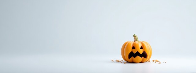 Spooky Halloween Pumpkin with Carved Face on Minimal White Background