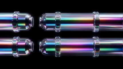 Four transparent iridescent cylindrical components with polished metallic rings and rounded ends displaying vibrant rainbow spectrum light effects on a dark background