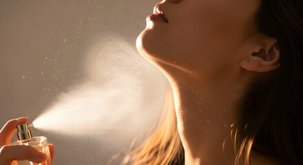 Elegant woman spraying a luxurious perfume onto her neck, a delicate mist of fragrance enhancing personal beauty and self-care routine