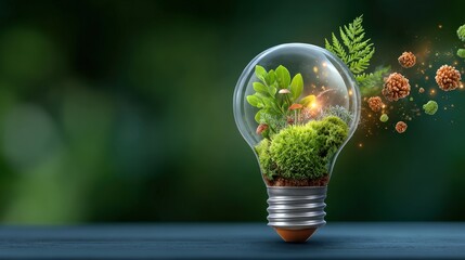 Eco-Friendly Light Bulb with Plants and Fungi Emphasizing Nature