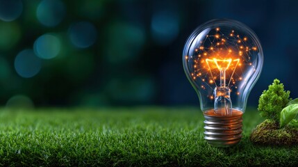Light Bulb with Sparkle Effect on Grass with Nature Background
