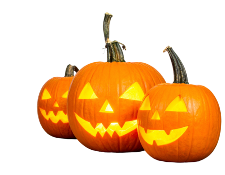 Three glowing jack-o'-lanterns with carved spooky faces