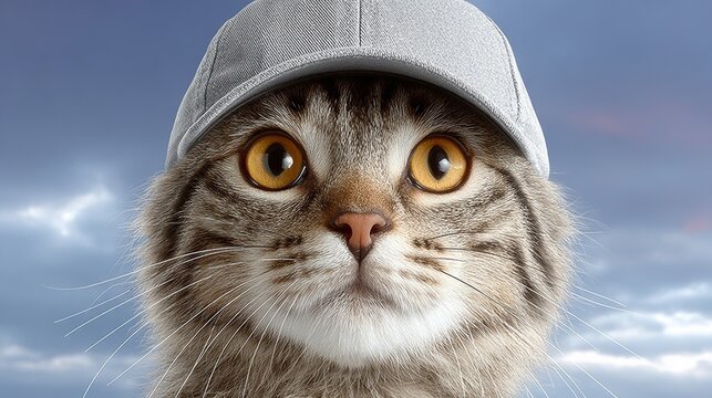 A cat wearing a hat is staring at the camera. The hat is grey and has a white stripe. The cat's eyes are yellow and it has a white nose. The image has a playful and lighthearted mood - Powered by Adobe