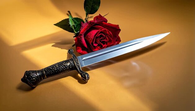 A striking visual of a red rose and a dagger on a golden surface.