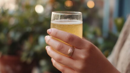 Person's hand holding a glass of beer. the glass is filled to the brim with a golden-colored liquid and appears to be frothy. the person is wearing a gold ring on their ring finger.