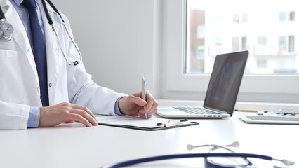 Male doctor writing a prescription and filling out medical records on a clipboard in an office setting, showcasing the essential aspects of healthcare and patient care. Medicine and health care