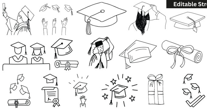 Set of hand drawn graduation icons. Vector sketch doodle collection of graduate caps, diplomas, and students. Editable stroke.