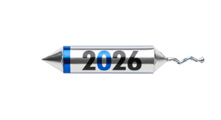 Closeup of a silver candy wrapper with the year 2026 written on it, isolated on transparent background represents the new year and future
