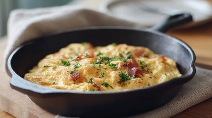 Black cast iron skillet with a serving of scrambled eggs in it. the skillet is placed on a wooden cutting board with a beige cloth napkin next to it.