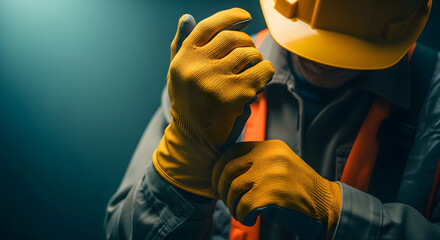 Construction worker putting on protective yellow gloves and hard hat before starting work