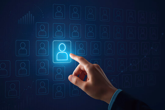 Hand pointing to a highlighted user profile icon in a grid of digital icons selection choice