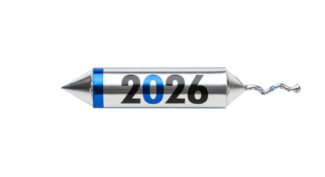 Closeup of a silver candy wrapper with the year 2026 written on it, isolated on transparent background represents the new year and future