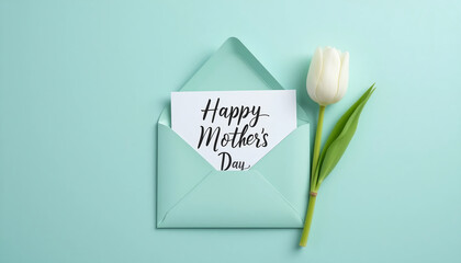 Flat lay of an open, elegant mint green envelope containing a white card with 'Happy Mother's Day' script and a single white tulip, all set against a complementary aqua blue backgrounD
