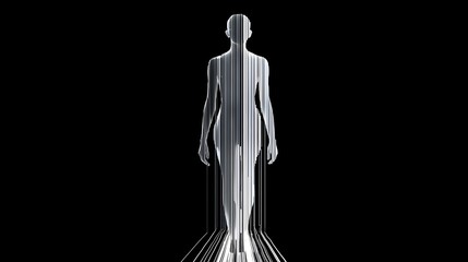 Abstract human form depicted as dissolving vertical lines representing concepts of identity digital existence and transformation in a minimalist futuristic style