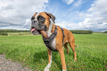 Playful young purebred golden german boxer dog puppy playing outdoor on a sunny day