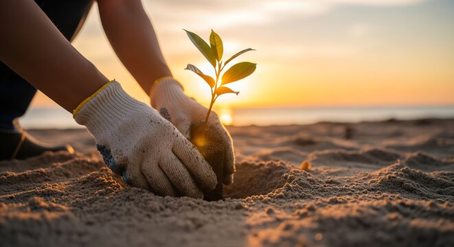 A person planting a sapling in sandy beach soil during a beautiful sunset