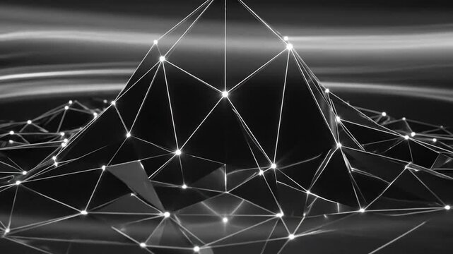 Abstract digital landscape with illuminated geometric mesh forming a mountainous structure, symbolizing interconnected data points and technological advancement in a monochrome futuristic design