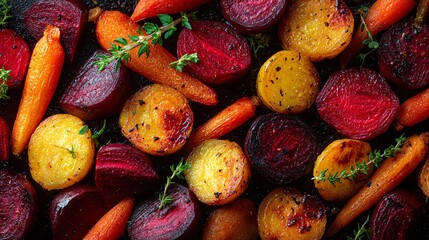 A golden roasted beets and carrots, overhead layout