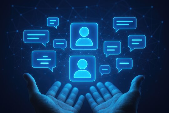 Hands Presenting Glowing Blue User Profiles and Chat Bubbles communication connection
