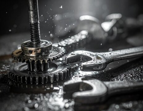 Closeup macro detail of industrial metal gear wheels and gears mechanism on an old engine part