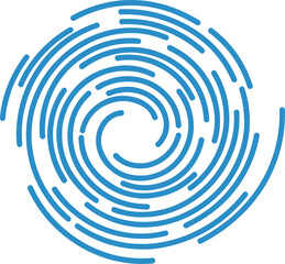 A blue abstract spiral made of segmented, curved lines, creating a swirling vortex icon.