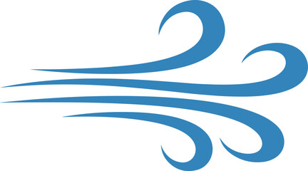 A stylized blue vector icon of wind, shown as a gust of air with flowing, curved lines and swirls.