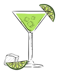 Illustration of a lime cocktail in a martini glass with ice cubes and lime slices, perfect for summer.