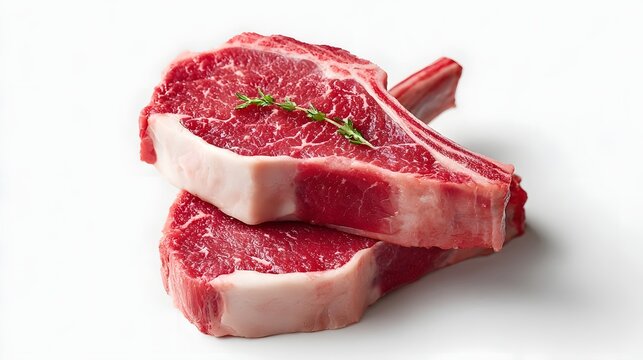 A close up studio shot of two raw high  lamb chops stacked showcasing their vibrant red meat white fat and marbling garnished with a fresh sprig of thyme on a plain white background