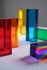 Fototapeta premium Colorful translucent blocks arranged on a white surface casting vibrant shadows and reflections