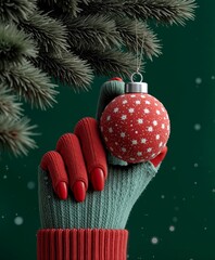 Cozy winter moment with a red knit glove hanging a festive ornament on a snowy pine branch. Warm holiday charm, rich seasonal colors, and sparkling Christmas vibes perfect for celebration themes.