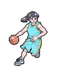 水色のユニフォームを着てドリブルをする女子バスケットボールの選手のイラスト