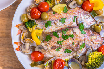 鯛のアクアパッツァ Sea bream acqua pazza with colorful vegetables