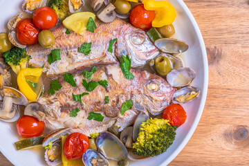 鯛のアクアパッツァ Sea bream acqua pazza with colorful vegetables