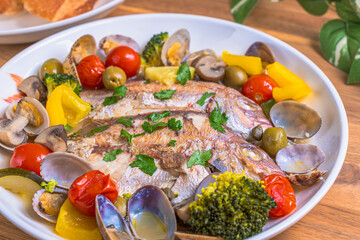 鯛のアクアパッツァ Sea bream acqua pazza with colorful vegetables